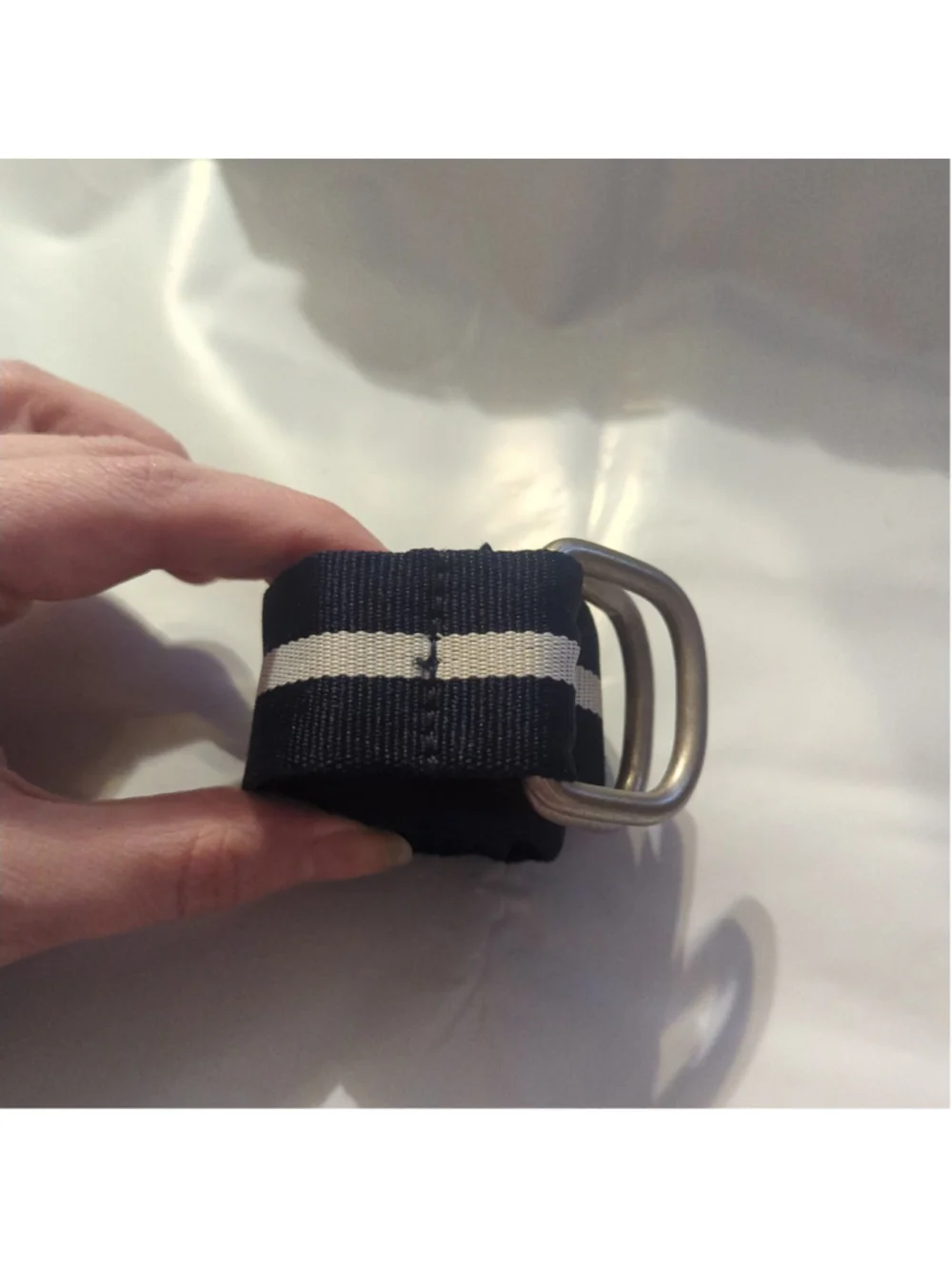 U.S. Polo Association Navy Blue and White Striped Canvas D Ring Belt - size 38